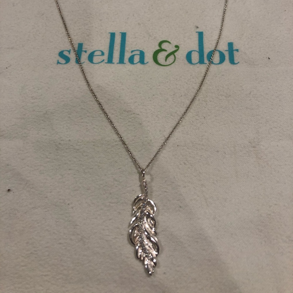 Silver necklace with feather pendant.